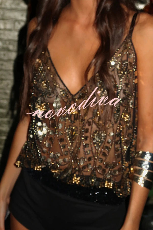 Club Queen Embroidered Sequin Unique Pattern Loose Slip Tank