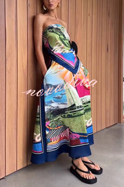 Seaside Holiday Satin Unique Print Knotted Scarf Top and Elastic Waist Loose Maxi Skirt Set