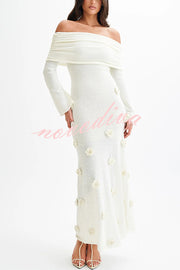 Timeless Sophistication Knit Off Shoulder Rose Detail Stretch Maxi Dress