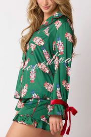 Christmas Fashion Printed Bow Tie Top and Elastic Waist Ruffle Shorts Set