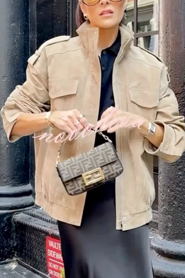 Fashionable Suede Loose Pocket Leather Jacket