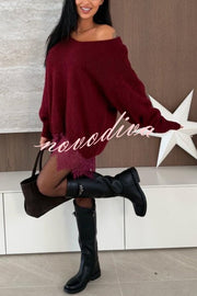 Comfy and Sweet Knit Lace Patchwork Hem Wide Neck Long Sleeve Loose Sweater