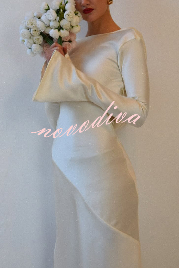 Satin Elegant Long-sleeved Open-back Slim-fit Slit Maxi Dress