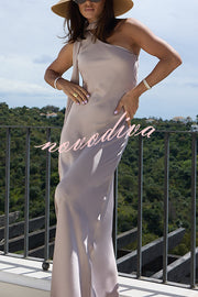 Cheers Babe Satin Solid Color Elegant One Shoulder Tie Maxi Dress