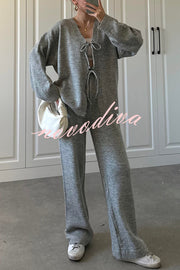 Solid Color V-neck Tie Long-sleeved Loose Knit Cardigan and Elastic Waist Casual Straight Leg Pants Set