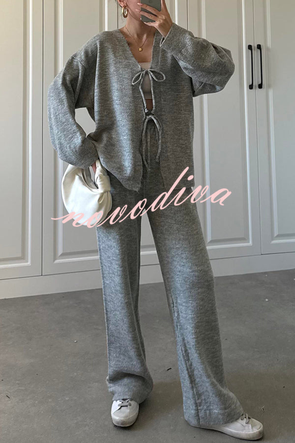 Solid Color V-neck Tie Long-sleeved Loose Knit Cardigan and Elastic Waist Casual Straight Leg Pants Set