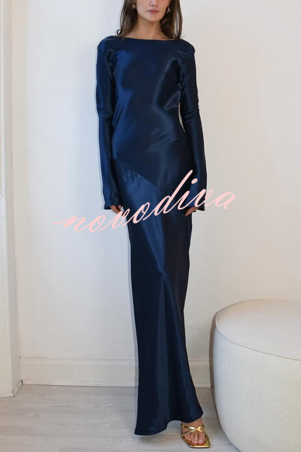Satin Elegant Long-sleeved Open-back Slim-fit Slit Maxi Dress