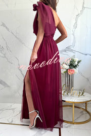 Feeling Galm Tulle Knotted One Shoulder Pleated Slit Maxi Dress