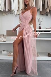 Solid Color Tulle Halter Back High Slit Maxi Dress