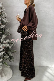 Chic and Merry Satin Bow Neck Batwing Sleeve Loose-fitting Blouse