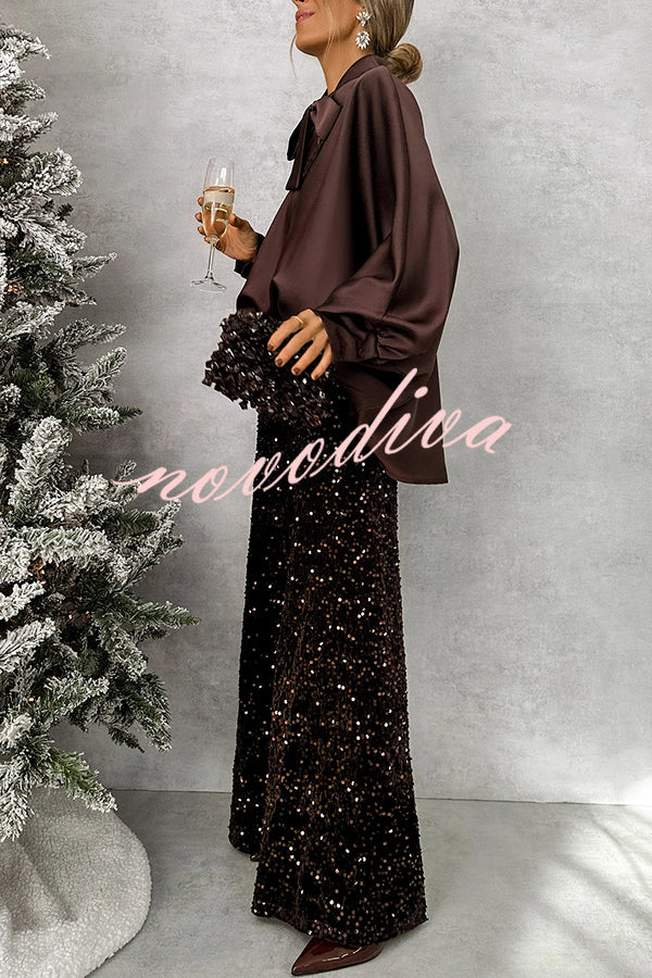 Chic and Merry Satin Bow Neck Batwing Sleeve Loose-fitting Blouse