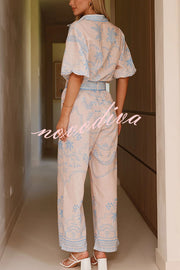 Linen Blend Lapel Puff Sleeve Loose Shirt and Casual Pocket Straight Pants Set