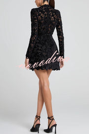 Lydia Embroidered Floral Lace Long Sleeve Belt Tulip Shaped Mini Dress