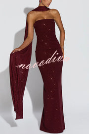 Pandra Glittery Crepe Fabric Off Shoulder Ruched Slit Cape Maxi Dress