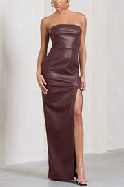 Sexy Meaning Faux Leather Strapless Bandeau Split Maxi Dress