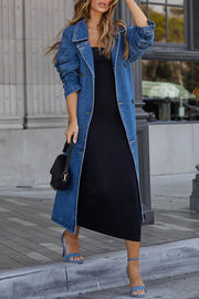 Solid Color Denim Double Pocket Button Down Midi Trench Coat