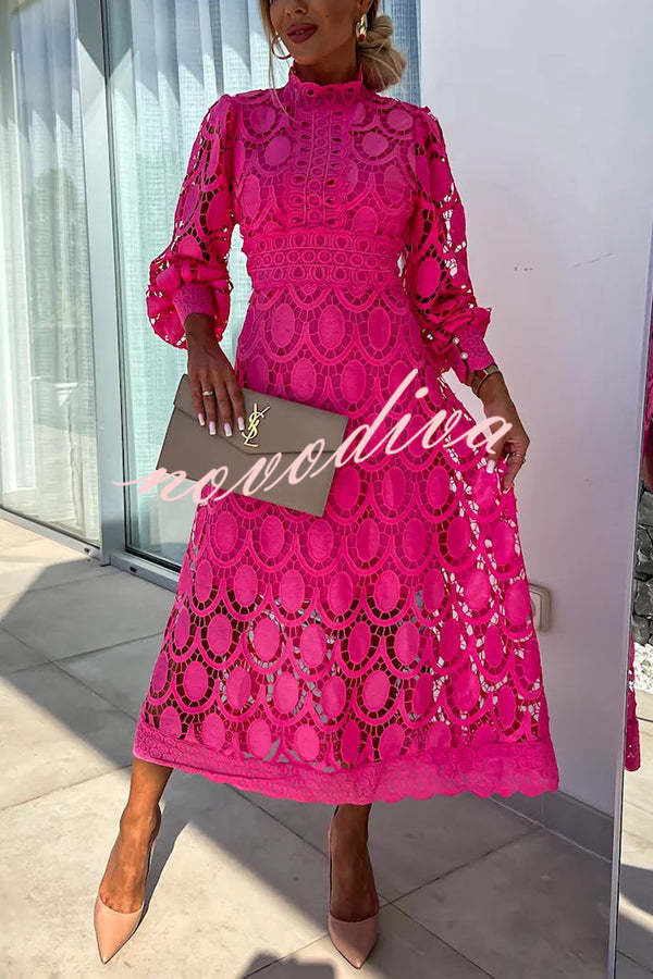 Romantic, Sensual and Elegant Crochet Lace Lantern Sleeve Party Midi Dress