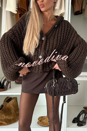 Warm Day Knit Button Up Long Balloon Sleeve Hooded Loose Cardigan