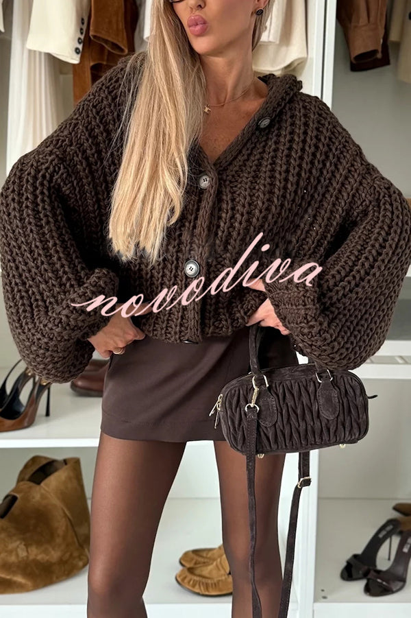 Warm Day Knit Button Up Long Balloon Sleeve Hooded Loose Cardigan