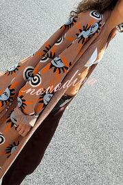 Mediterranean Art Knit Unique Sun Vortex Print Bell Sleeve Long Cardigan