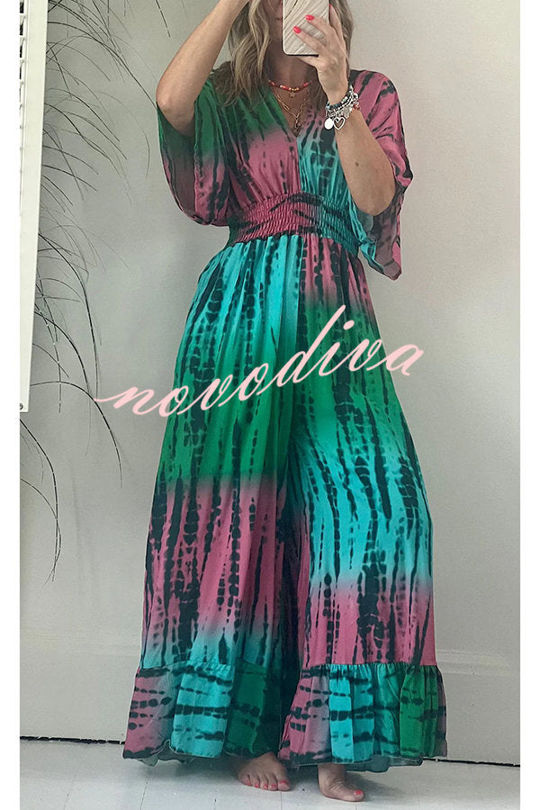 Candis Tie-dye Print Kimono Sleeve Pocketed Smoked Waist Wide Leg Jumpsuit