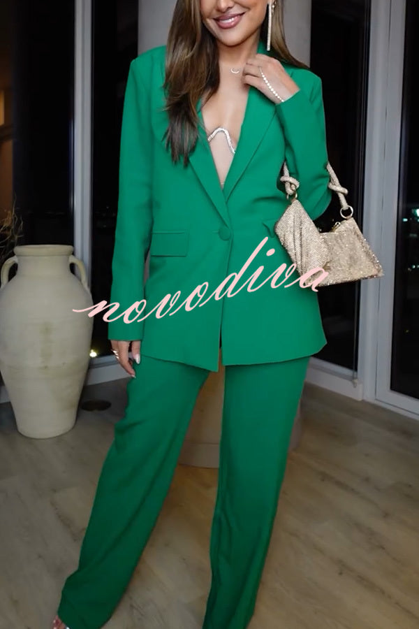 Mojito Muse Single Button Lapel Blazer and Elastic Waist Pocketed Wide Leg Pants Set