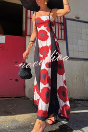 Floral Print Suspenders Paneled Back Pleated Maxi Dress