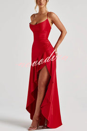 Solid Color Sexy Backless Lace-up Irregular Ruffled Maxi Dress