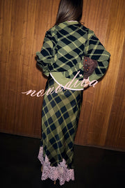 Holiday plaid Satin Unique Print Patchwork Lace Stretch Waist Draped Maxi Skirt