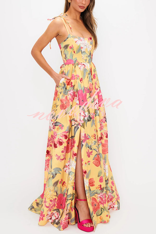 Garden Wedding Floral Print Back Tie-up Pocketed Slit Maxi Dress