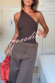 Fashion Slim-fit One-shoulder Stretch Bodysuit and Casual Side-slit Pants Set