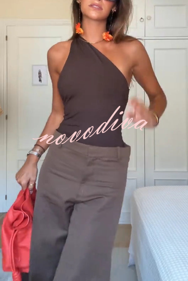 Fashion Slim-fit One-shoulder Stretch Bodysuit and Casual Side-slit Pants Set
