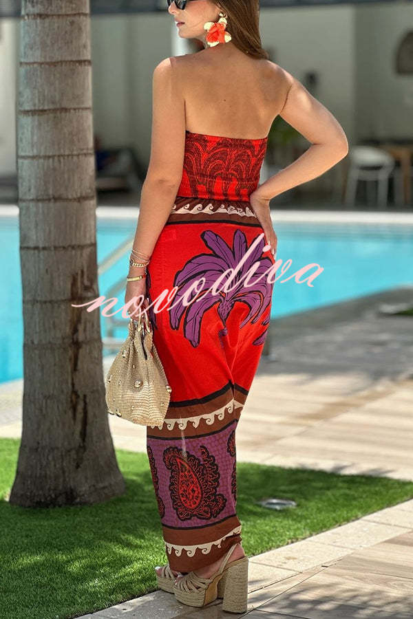 Botanical Floral Print Sexy Stretchy Tube Top High Waist Slit Maxi Dress