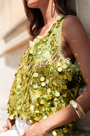 Fashionable Sequined Round Neck Sleeveless Loose Vest