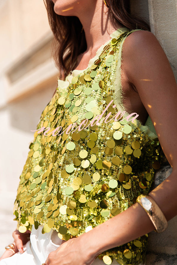 Fashionable Sequined Round Neck Sleeveless Loose Vest