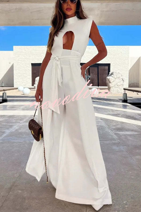 Keane Front Cutout High Neck Midi Top and Tie-up Pocketed Wide Leg Pants Set