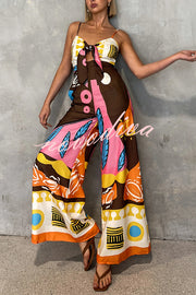 Unique Printed Suspenders Hollow Waist Wide-leg Jumpsuit