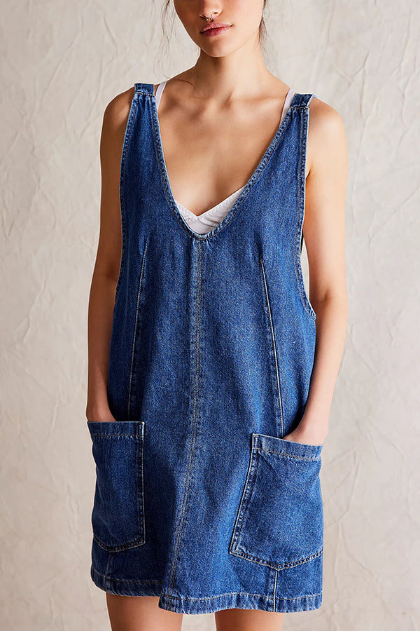 Solid Color Sleeveless V-neck Pocket Adjustable Denim Suspender Mini Dress