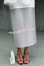 Simple and Light See-through Fabric Mid Rise Pencil Slit Midi Skirt