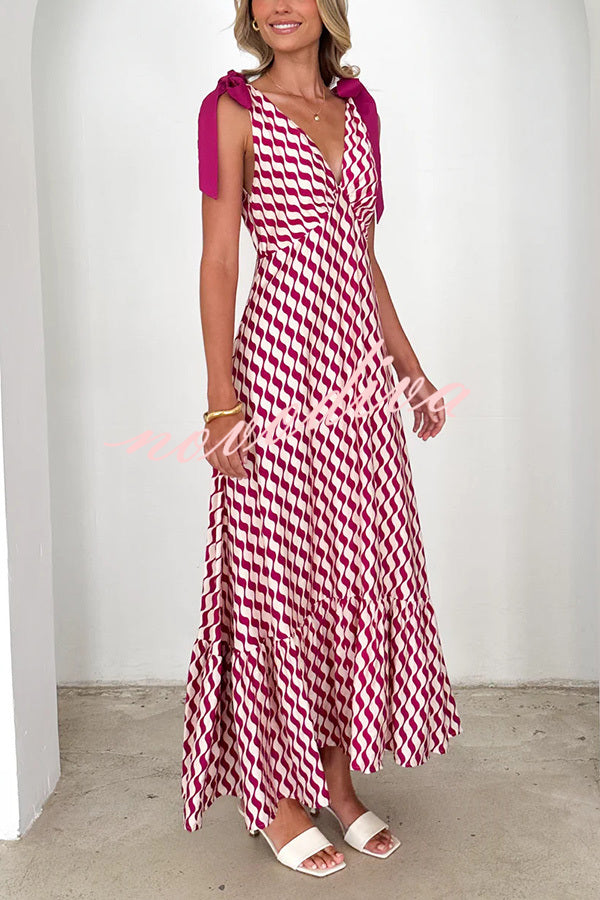 Unique Printed V-neck Sleeveless Lace-up Waist Maxi Dress