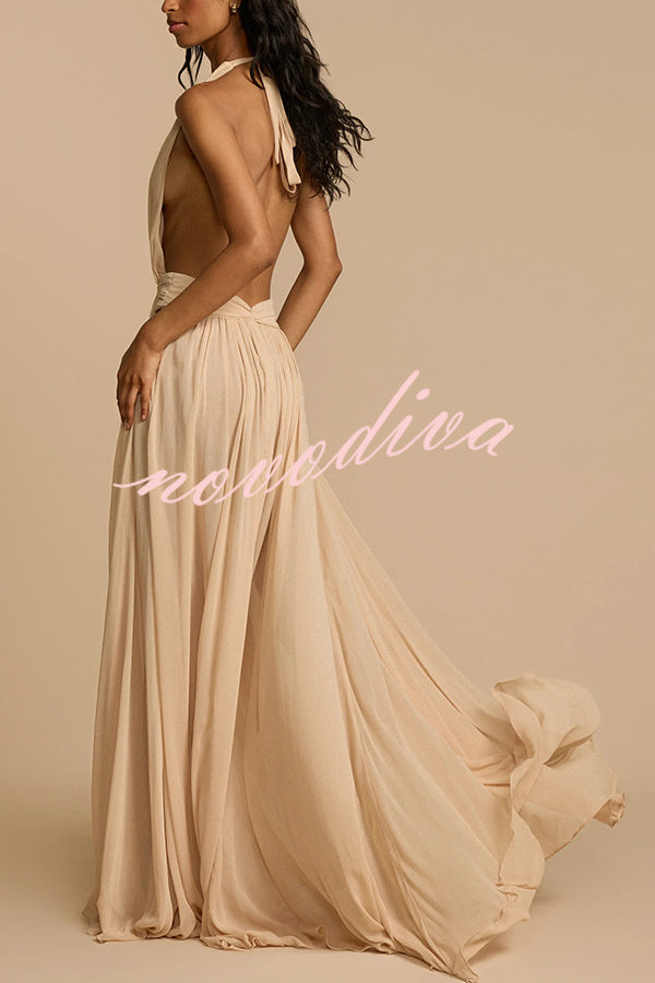 Ethereal Moment Tulle Cutout Ruched Waist Backless Halter Maxi Dress