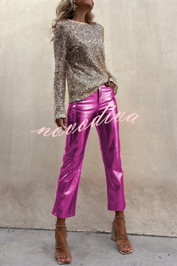 Sinclair Metallic Faux Leather High Rise Pocketed Straight Pants