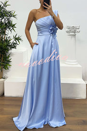 Nasha Satin Pleated One Shoulder Petal Gemstone Detail Pocket Slit Maxi Dress