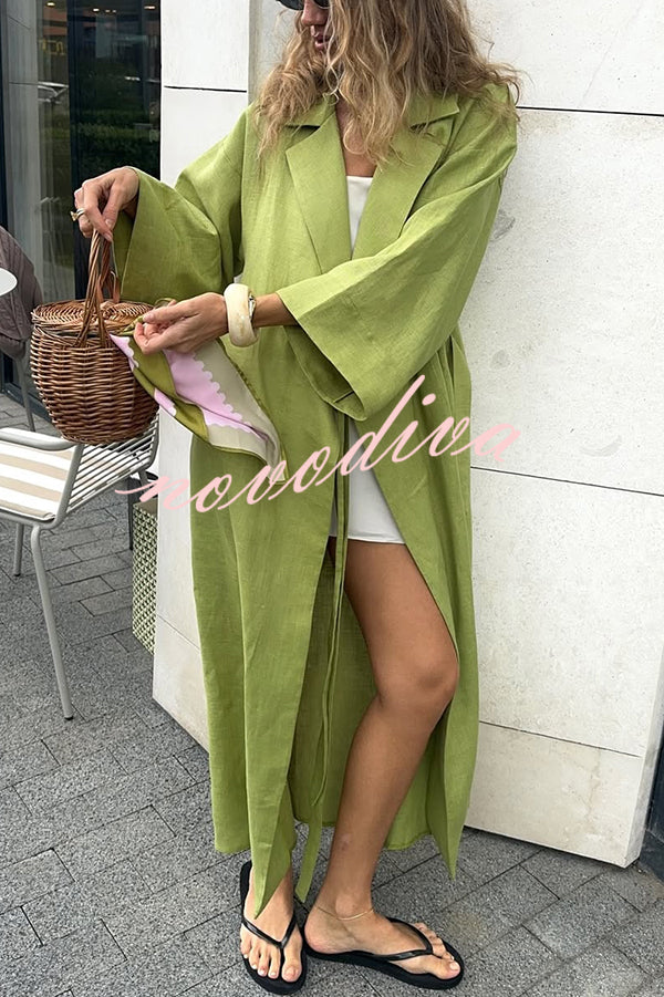 Linen Blend Solid Color Casual Lapel Tie Loose Maxi Dress
