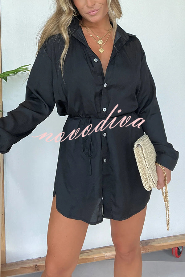 Solid Color Long Sleeve Button Casual Shirt-Style Rompers