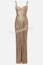 Vegas Queen Metallic Pleated Sculpted Bodice Back Lace-up Drape Maxi Dress