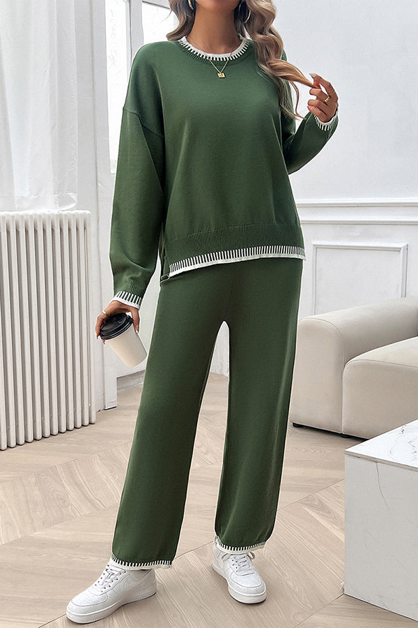 Home Casual Contrasting Color Knitted Sweater and Elastic Waist Loose Pants Set