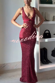 Festival Shines Sequin Beaded Mesh Bow Cutout Detail Slit Maxi Dress