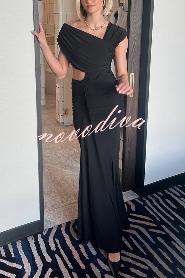 Ceilia Mesh Off Shoulder Cutout Waist Ruched Stretch Maxi Dress