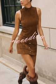 Autumn Atmosphere Faux Suede High Neck Zipper Tank and Button-Front Pocket Mini Skirt